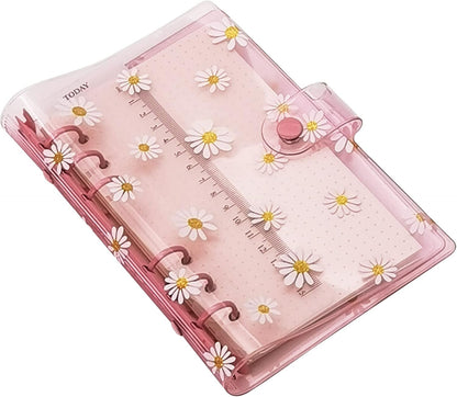A6 A5 6-Holes Colorful PVC Cover Round Ring View Binder with Snap Button Closure File Folder for Loose Leaf Sheet Protectors Notebook Refill (Pink Daisy, A5 Mini Set) - Colors A