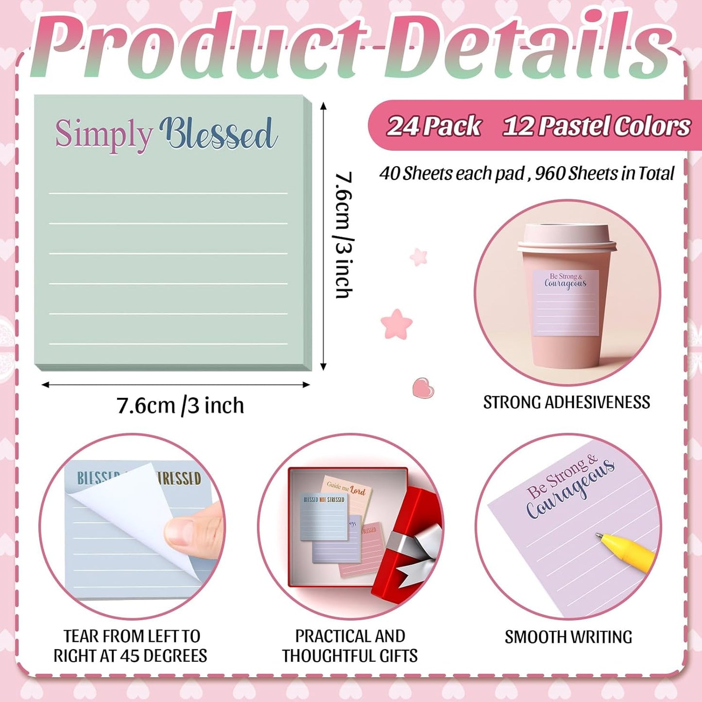 Yinder 48 Pcs Inspirational Sticky Notes Cute Motivational Sticky Notes Pad End of Year Employee Appreciation Gifts Bulk for Teacher Nurse Coworkers Office Supplies 3 x 3'' (Thank You,Dark Color)