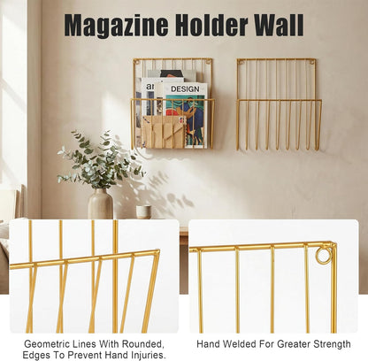 2-Pack Wall Magazine Holder File Organizer Mental , Wall Mounted Magazine Rack for Space-Saving, Walls Magazine Holder for Mail, Bathroom & Home Office Organizer, Office Living Room(Gold)