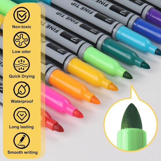 TOWON 12 Permanent Markers - Assorted Colors Drawing Marker Pens Set, Waterproof Quick Drying Fine Tip Colored Artists Markers for Adults Coloring
