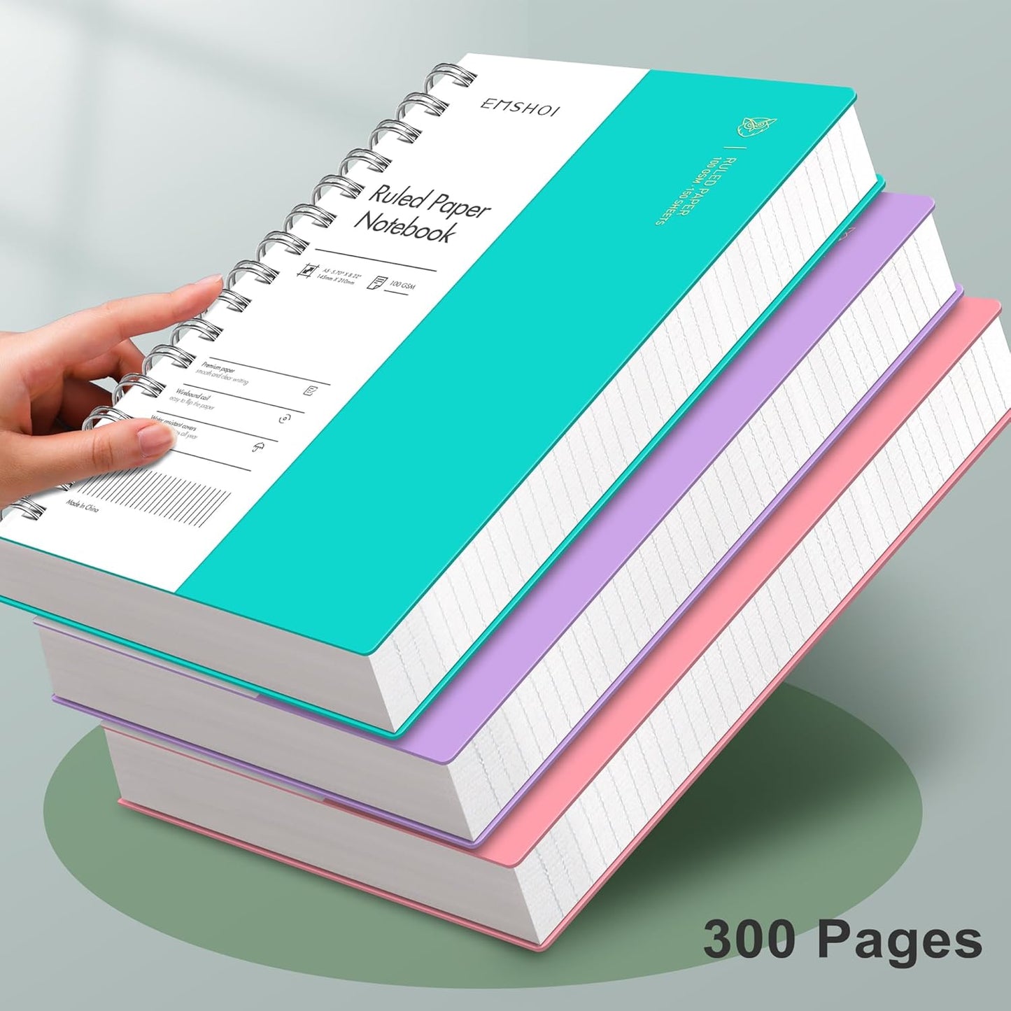 EMSHOI A5 Spiral Notebook College Ruled Lined Journal, Small 5.7" X 8.22", 300 Pages/150 Sheets, 100gsm Thick Paper, Waterproof Hardcover, for Office School Women Men Work Writing Notes, Blue