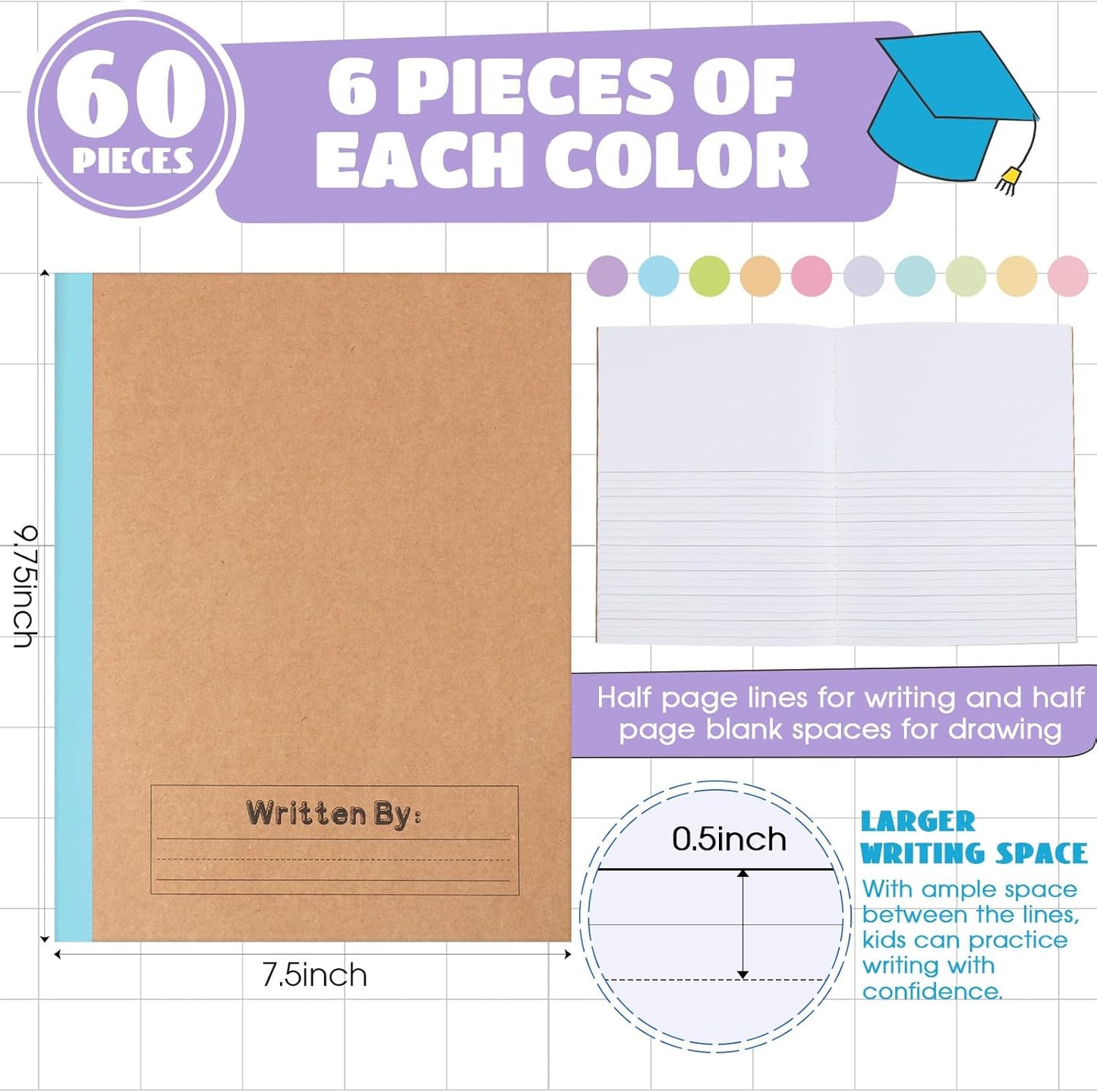 Henoyso 60 Pack Primary Composition Notebook, 9-3/4" x 7-1/2", Kids Primary Journal, K-2 Writing Notebook for Kids Student Draw Write Story Journal Half Blank Books(Macaron Color)