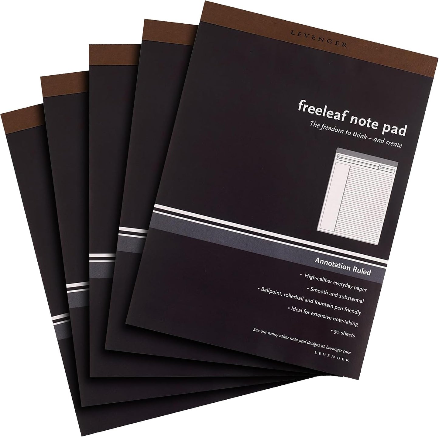Levenger Freeleaf Annotation Ruled Writing Pads Lined Notepad, Compatible with Cornell Note-Taking System, Pack of 5, White, Letter