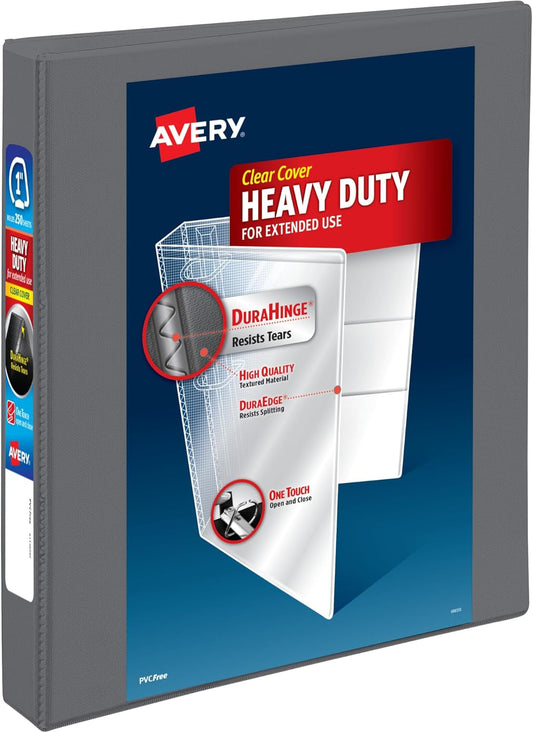 Avery Heavy-Duty View 3 Ring Binder, 1 Inch One Touch Slant Rings, 250-Sheet Capacity, DuraHinge, 1.4 Inch Wide Spine, Customizable Clear Cover and Spine, 1 Dark Gray Binder (79865)