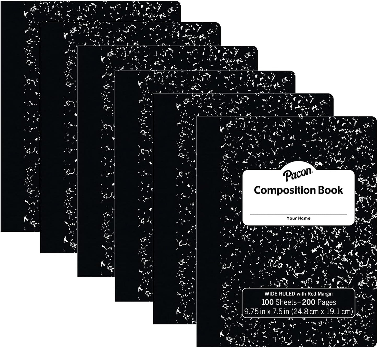 Pacon® Composition Book, Black Marble, 3/8" Ruled w/Margin, 9-3/4" x 7-1/2", 100 Sheets Per Book, Pack of 6