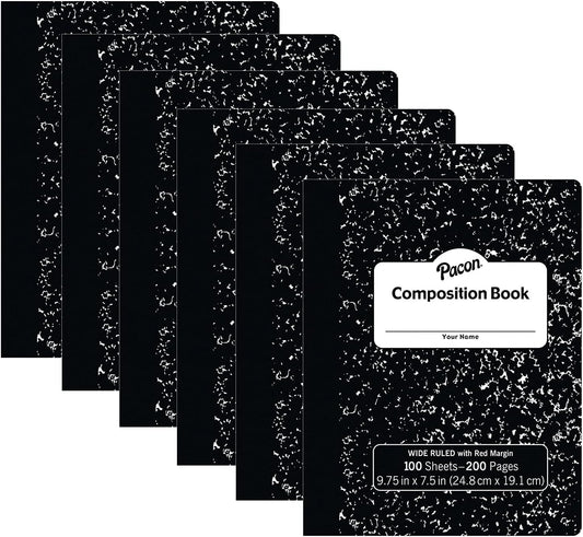 Pacon® Composition Book, Black Marble, 3/8" Ruled w/Margin, 9-3/4" x 7-1/2", 100 Sheets Per Book, Pack of 6