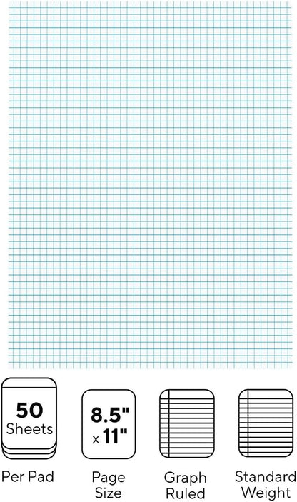 STAPLES Notepads, 8.5” x 11”, Graph Ruled, White, 50 Sheets/Pad, 6‑Pack