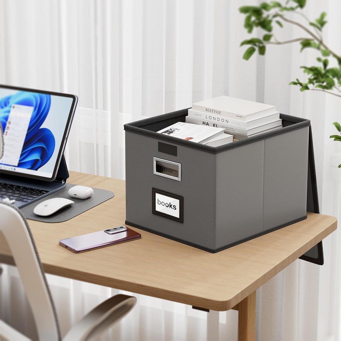 Huolewa Upgraded Portable File Organizer Box with Lid, Collapsible Linen Hanging Filing Storage Boxes with Plastic Slides, Decorative Home/Office Filing System Box for File and Folders Storage (Gray)