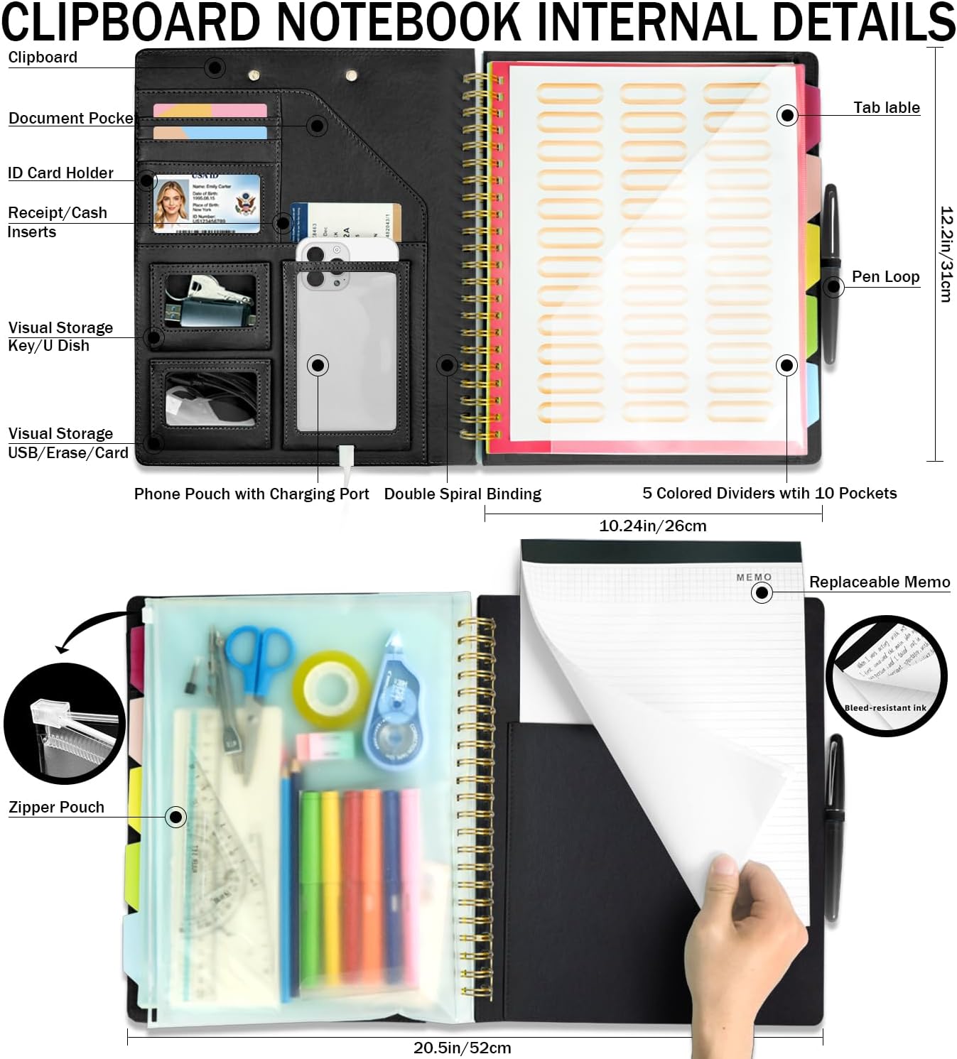 Grey Foldable Spiral Clipboard Folio with Storage Zipper Pouch, 5 Plastic Folders with Pockets,Refillable Lined Notepad (8.5" x 11"), Hardcover Project Organizer with 39 Stickers