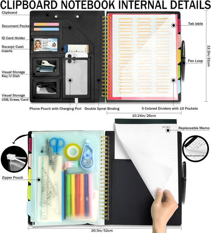 Grey Foldable Spiral Clipboard Folio with Storage Zipper Pouch, 5 Plastic Folders with Pockets,Refillable Lined Notepad (8.5" x 11"), Hardcover Project Organizer with 39 Stickers