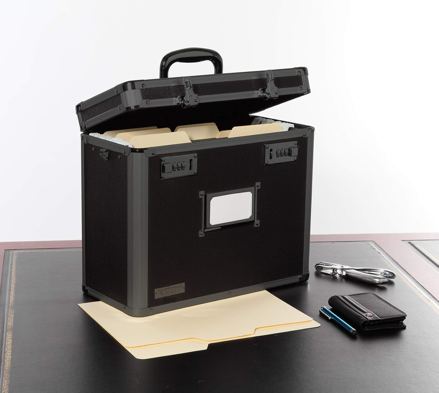 Vaultz File Organizer Storage Box - 14 x 7 x 12.19 Inch Letter Size, Portable Locking Storage Totes with Dual Combination Locks for Filing Office Documents - Black
