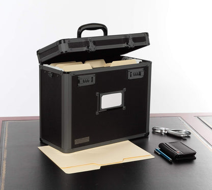 Vaultz File Organizer Storage Box - 14 x 7 x 12.19 Inch Letter Size, Portable Locking Storage Totes with Dual Combination Locks for Filing Office Documents - Black