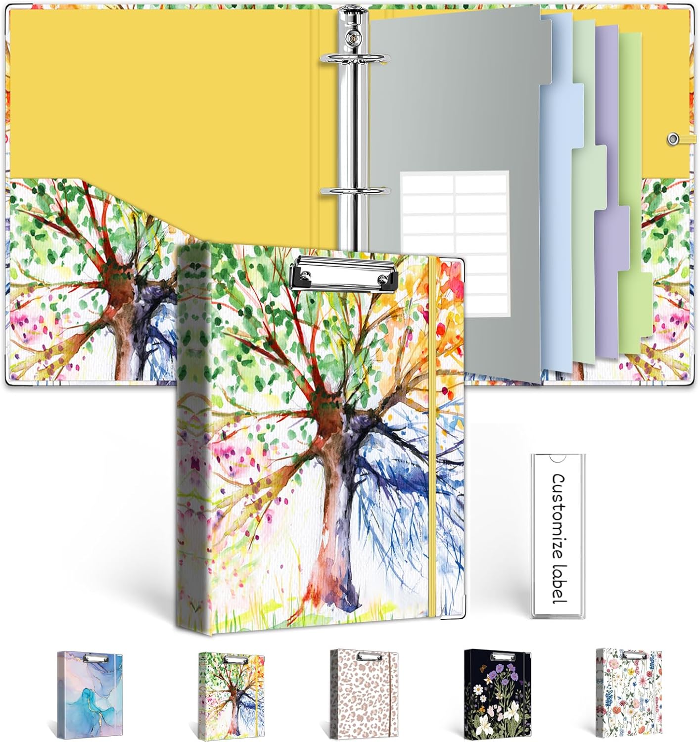 3 Ring Binder 1 Inch, Three Ring Binders Organizer with Clipboard, 5-Tabs Pockets Dividers, Plastic Folder, 18 Divider Stikers, BVSSX Pretty Binder with Pen Loop (Black Weeds, Letter Size)