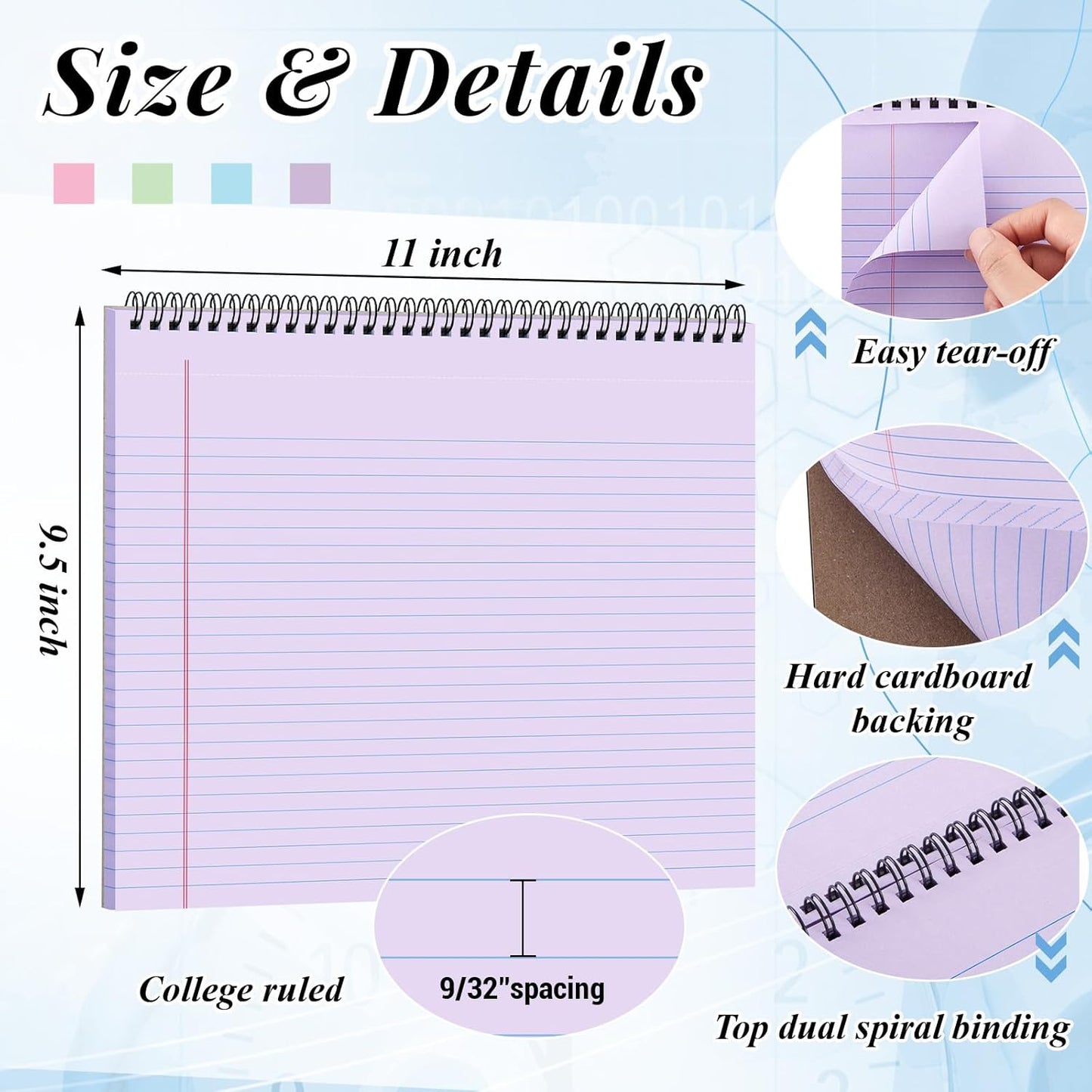 MotiMind 4 Pcs Legal Pads Landscape Notebooks Hole Punched Top Spiral Bound Notebooks 11 x 9.5 Inch College Ruled Drawing Notepad Tear Line for Removal 50 Sheet Office Steno Book(White)