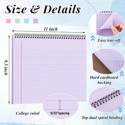 MotiMind 4 Pcs Legal Pads Landscape Notebooks Hole Punched Top Spiral Bound Notebooks 11 x 9.5 Inch College Ruled Drawing Notepad Tear Line for Removal 50 Sheet Office Steno Book(White)