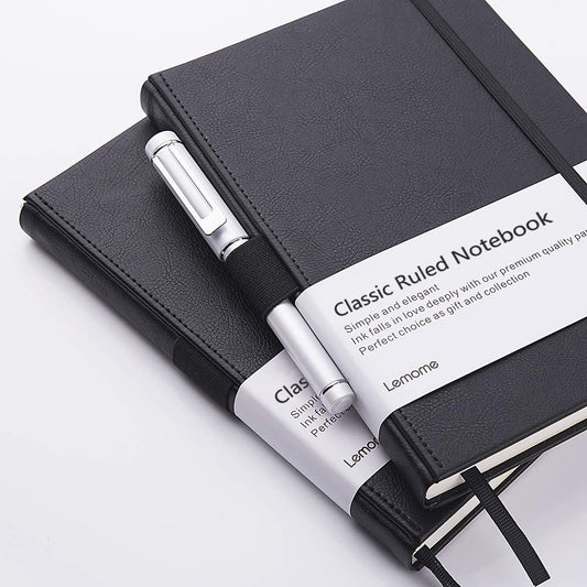 Lemome Thick Classic Notebook with Pen Loop A5 College Ruled Hardcover Writing Notebook with Pocket + Page Dividers Gifts, Banded, Large, 180 Pages, 8.4 x 5.7 in