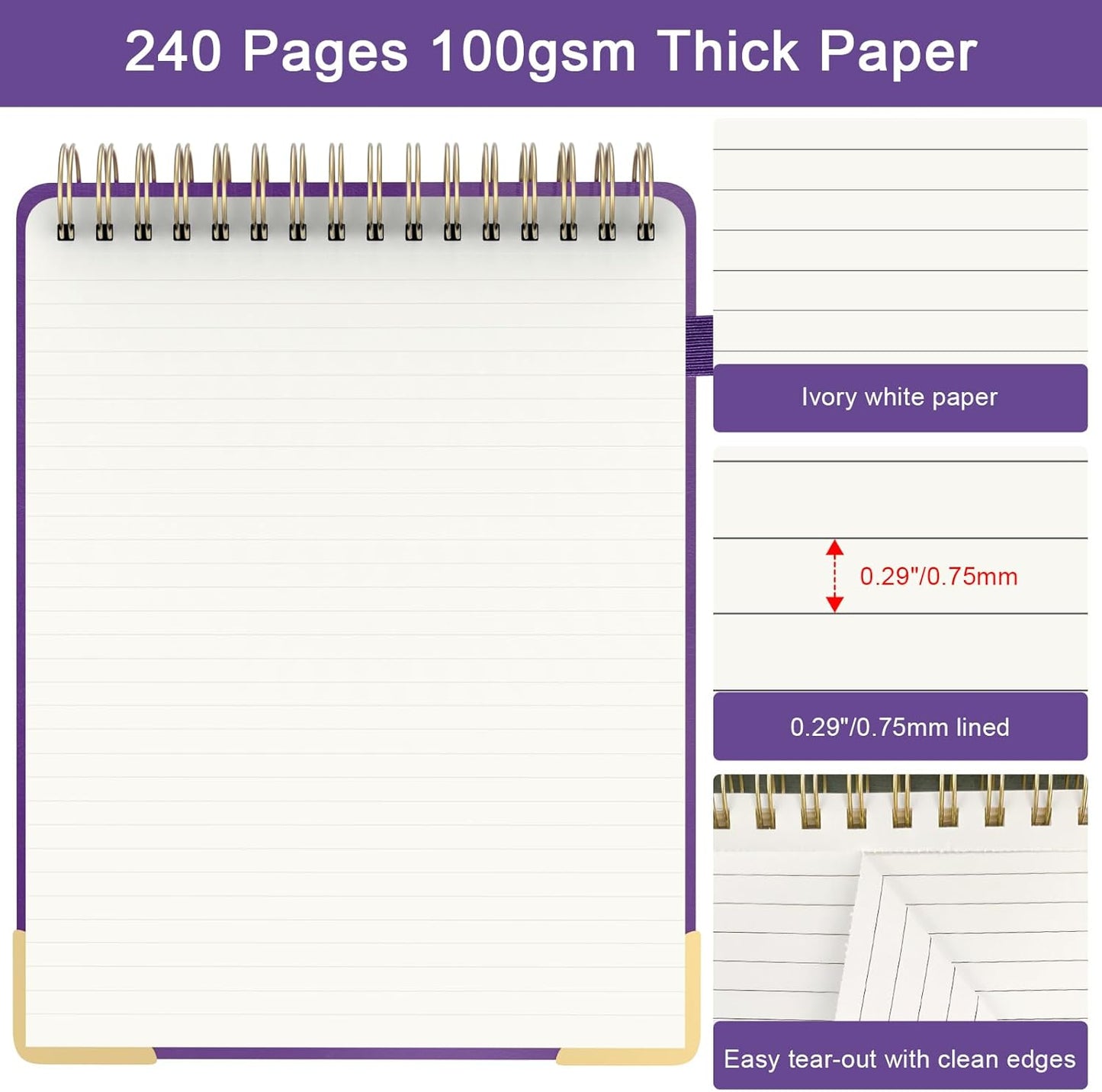 A5 Top Spiral Notebook, Large Leather Hardcover Top Bound Steno Pads, 240 Pages 100 gsm Thick Lined Paper Left Handed Notebook Journal for Work, School, Meeting Writing - Brown, 5.9" x 8.5"