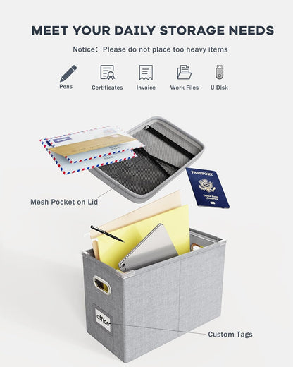 Oterri File Organizer Box with Lid, Hanging Filing File Box with Mesh Pocket, Document Organizer Box for Letter Files, Portable Storage Box with Smooth Sliding Rail for Office&Home (1 PCS, Beige)