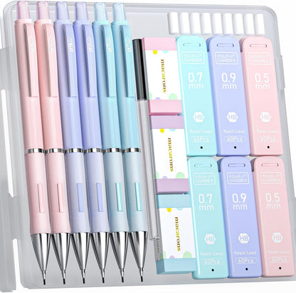 Four Candies Cute Mechanical Pencils 0.7mm, Pencil Set with 360PCS Lead Refills & Pastel Erasers, School Supplies with Case