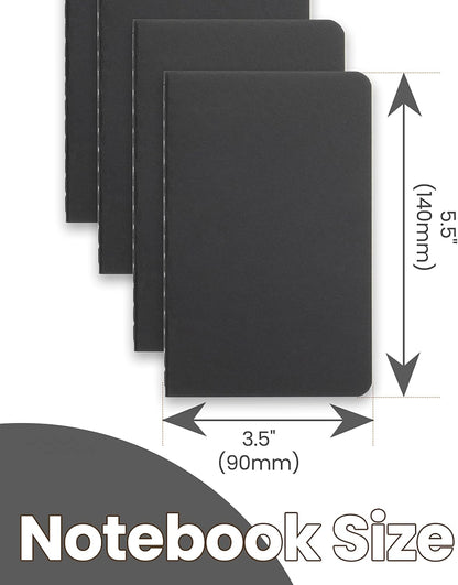 TWONE - 6 Pack Mini Pocket Notebooks, 3.5 by 5.5 Inches (90 x 140 mm), Black Cardstock Journal Set with 60 Lined Pages (30 Sheets) - Perfect for Travel, Office, School & Daily Notes