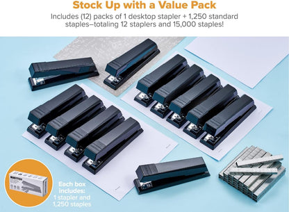 Bostitch Office Stapler, No-Jam Premium for Desktop, Includes 1,250 Staples, Full-Strip, 25 Sheet Capacity, Black