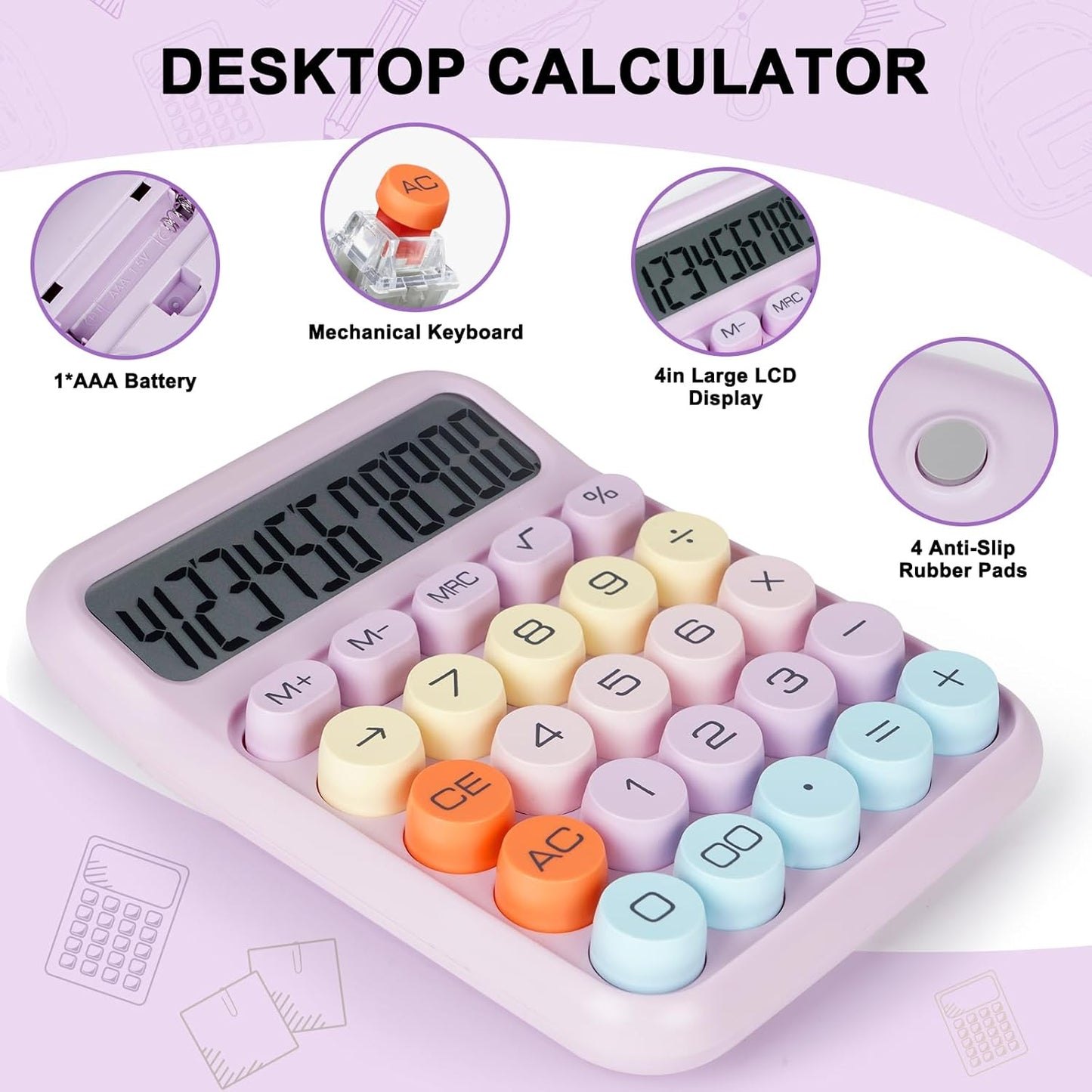 Mechanical Switch Calculator with Big Buttons, Calculators Desktop, 12 Digits, Large LCD Display, Desk Calculator, Cute Pink Calculators for Teachers Students Basic Office (Pink)
