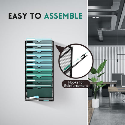 SUPEASY 10-Tier Wall File Organizer, Hanging Wall Files for Papers, Folders, Magazines, Clipboard, Wall Organizer for Office Home School Classroom, Black