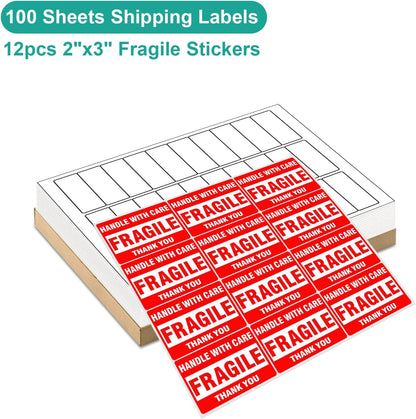 MFLABEL Half Sheet Shipping Labels - 200 Self Adhesive Sticker Sheets for Laser & Inkjet Printers, Waterproof & Smudge-Free, with 12 Free Fragile Labels for Packaging, Shipping and Crafting - Colors A