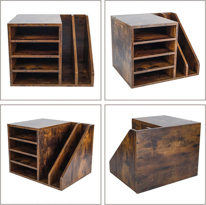 PAG Wood Desktop File Holder Organizer Mail Sorter for File Folders, Mails, Envelopes, Mailing Supplies or Magazines, Brown