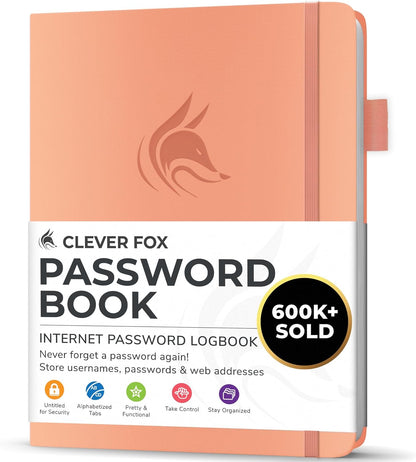 Clever Fox Password Book with alphabetical tabs. Internet Address Organizer Logbook. Small Pocket Password Keeper for Website Logins (Orange)