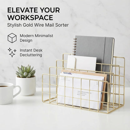Simmer Stone Gold Letter Sorter Organizer for Desk, Premium Plated Metal Mail Holder with 3 Upright Slots, Ultra-Stable & Non-Wobbling Desktop Organizer for Envelopes, Documents, Palettes 9.5“ x 4.7 ”