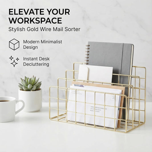 Simmer Stone Gold Letter Sorter Organizer for Desk, Premium Plated Metal Mail Holder with 3 Upright Slots, Ultra-Stable & Non-Wobbling Desktop Organizer for Envelopes, Documents, Palettes 9.5“ x 4.7 ”