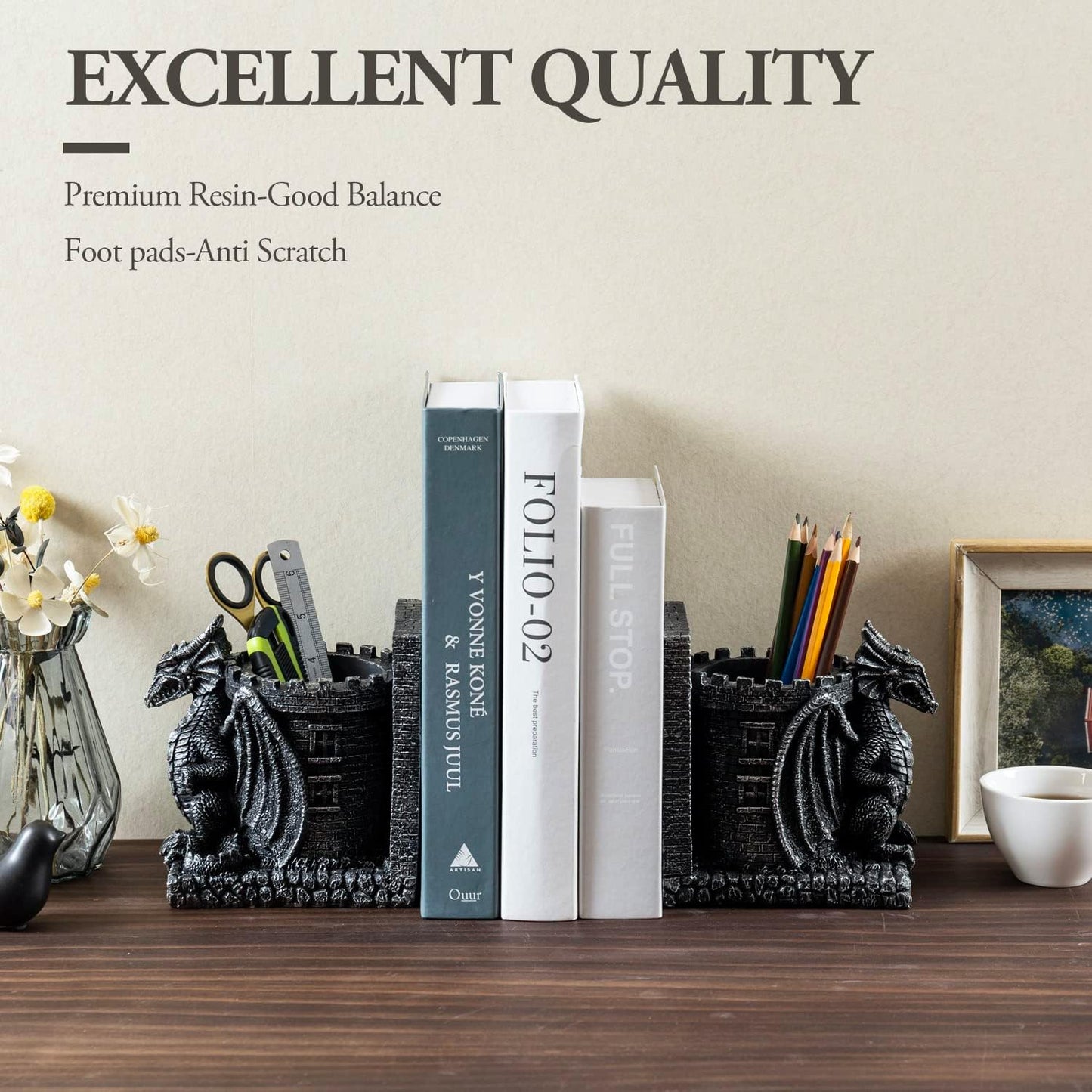 Bookends Dragon, Gothic Black Resin Dragon Guarding Castle Pencil Cup Bookends, Office Desk Book Ends with Decorative Fantasy Dragons and Stone Tower Pen Holders, 1 Pair