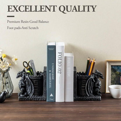 Bookends Dragon, Gothic Black Resin Dragon Guarding Castle Pencil Cup Bookends, Office Desk Book Ends with Decorative Fantasy Dragons and Stone Tower Pen Holders, 1 Pair