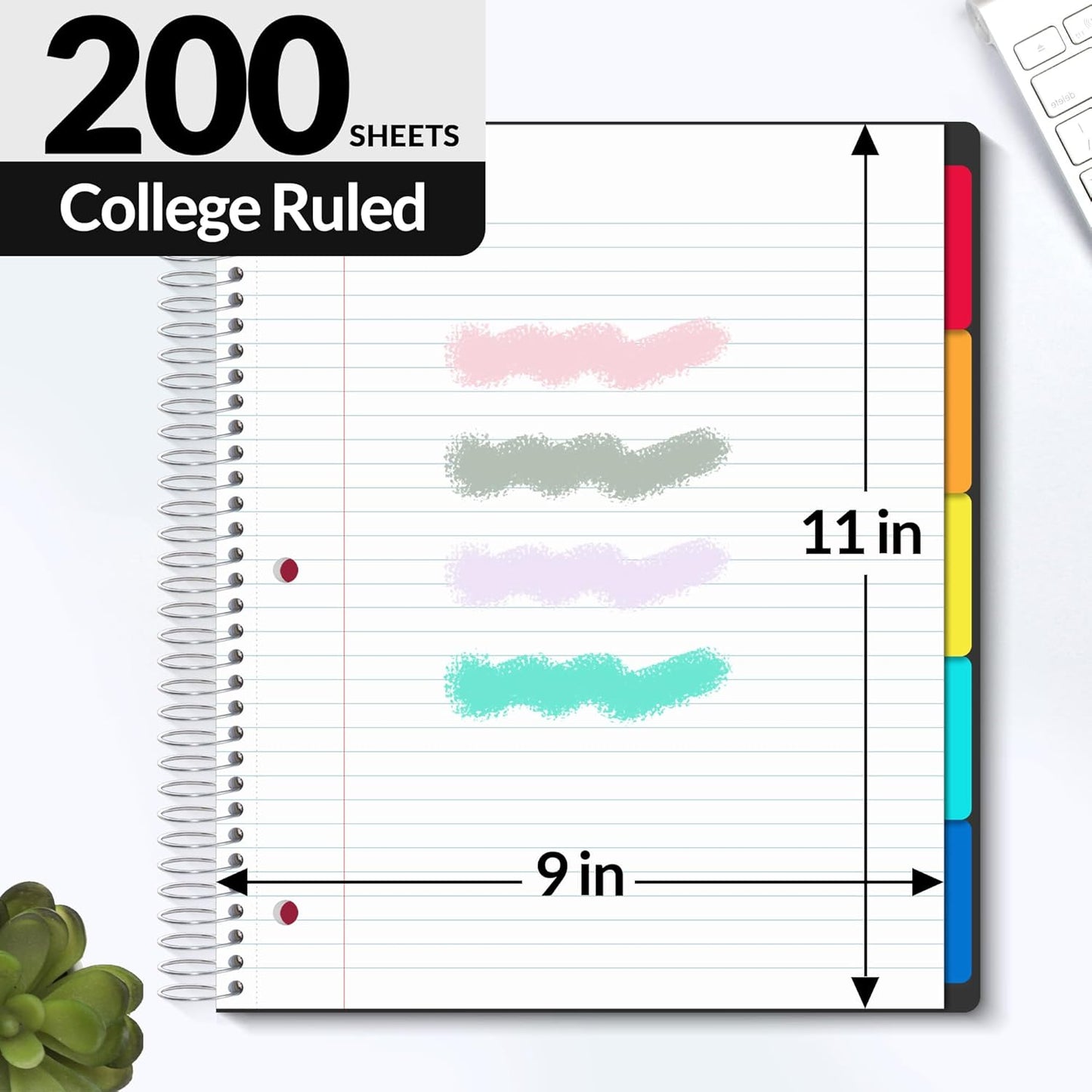 SUNEE 5 Subject Graph Paper Notebook - 400 Pages, 9"x11", 4x4 Graph Ruled Notebook, 5 Pocket Colored Dividers, 3-Hole Punched Paper, Black