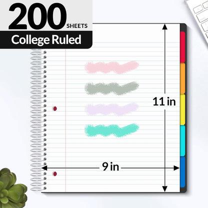 SUNEE 5 Subject Graph Paper Notebook - 400 Pages, 9"x11", 4x4 Graph Ruled Notebook, 5 Pocket Colored Dividers, 3-Hole Punched Paper, Black