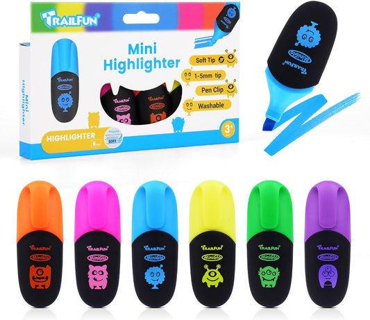 Pastel Highlighters Assorted Colors, Soft Chisel Tip Highlighter Marker Pens Smooth Writing No Bleed, Cute Markers Monster Design for Journaling Drawing, 6 Count, Back to School Supplies