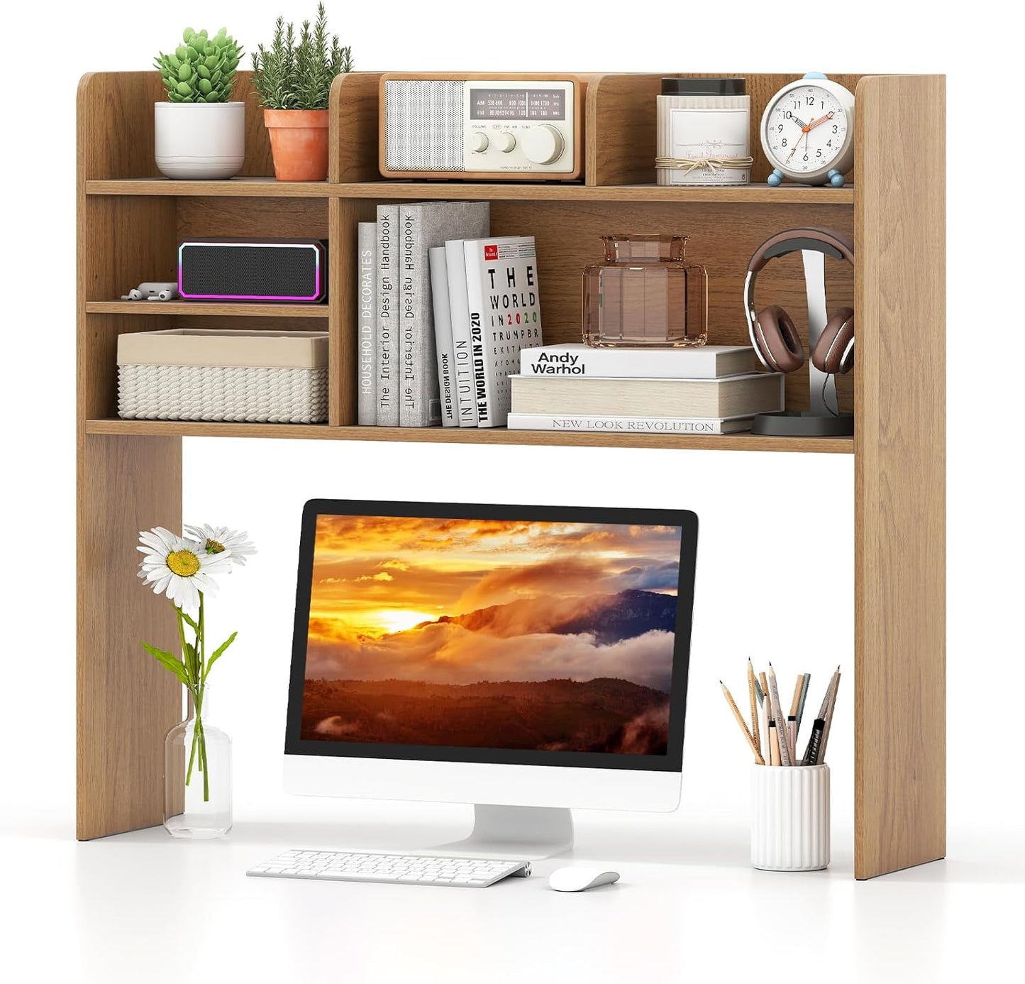 Tangkula Desktop Bookshelf, Countertop Storage Hutch with 5 Shelves for Computer Desk, Desk 3-Tier Display Rack, Multipurpose Wood Desktop Hutch Storage Organizer for Dorm Office Home