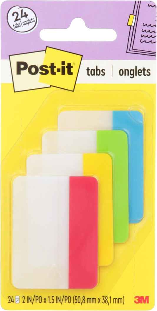 Post-it Sticky Tabs, 2 in. x 1.5 in., 4 Pads of Book Tabs in Assorted Primary Colors for Bookmarking, Annotating, Reading, and Reminders, Red, Green, Blue, and Yellow Colors (24 Total Count)
