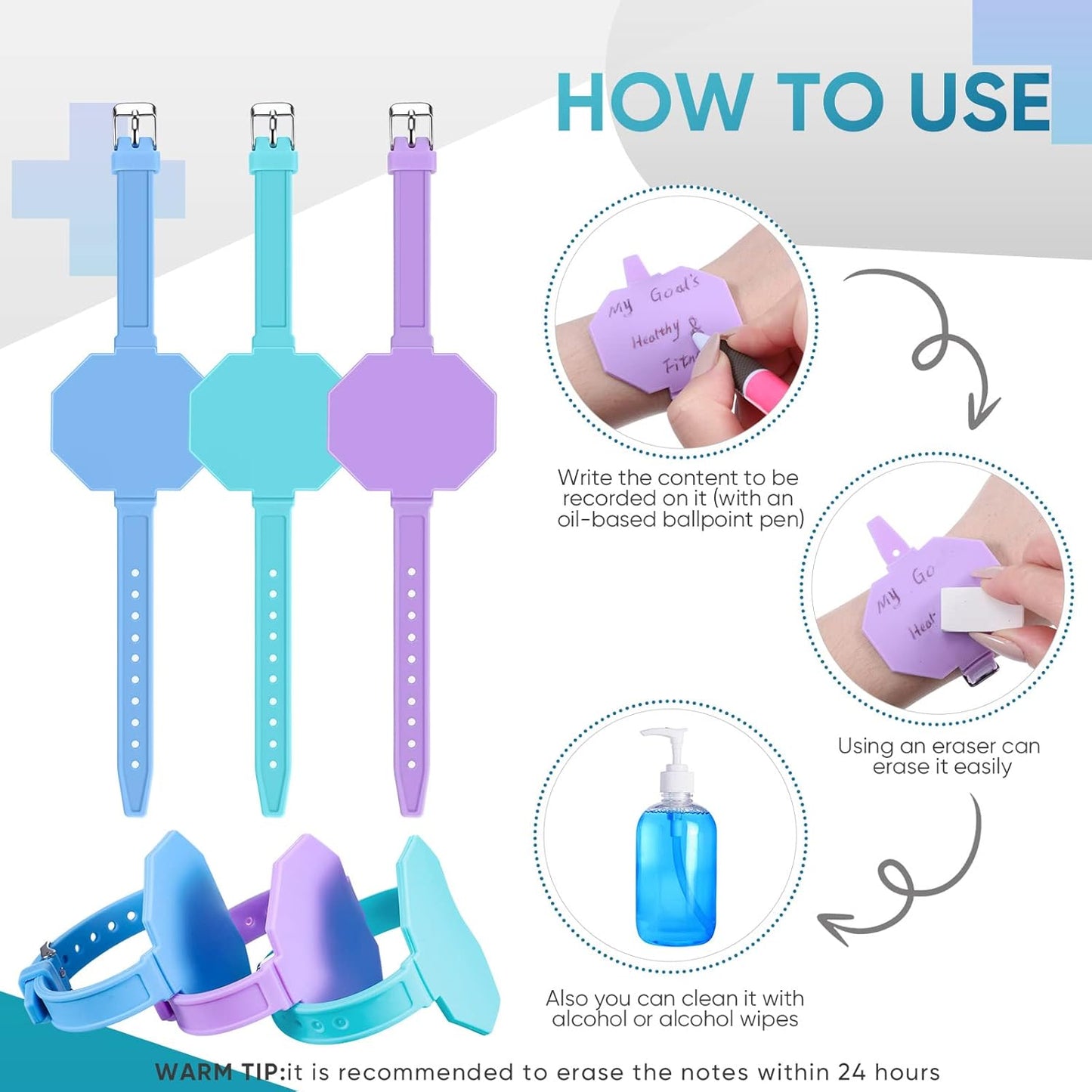 Geyee 9 Pcs Silicone Memo Wrist Band Wearable Nurse Notepad in Watch Shape Reusable Erasable to Do List Silicone Wrist Band for Veterinarian Nurse Gift, Turquoise, Lilac, Blue