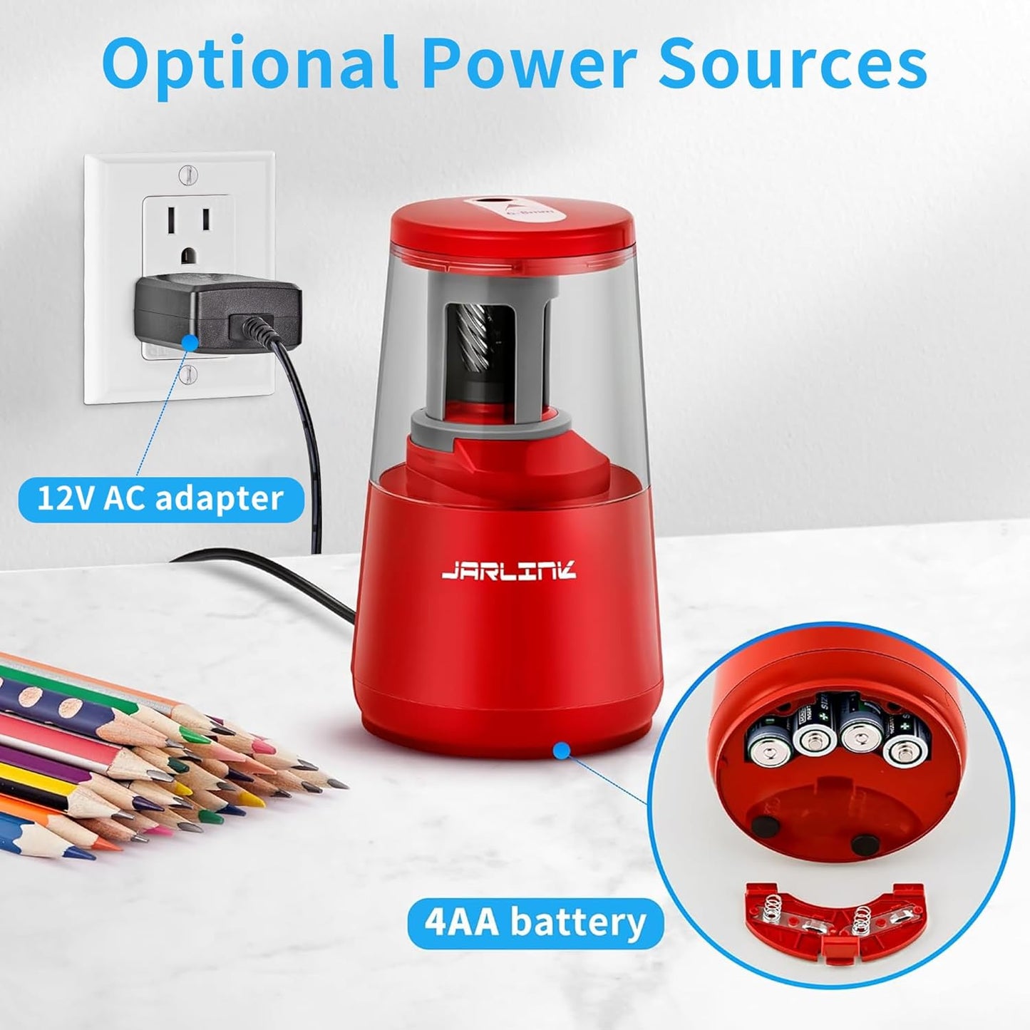 JARLINK Electric Pencil Sharpener, Heavy-Duty Helical Blade to Fast Sharpen, Auto Stop for No.2/Colored Pencils(6-8mm), AC Adapter/Battery Operated in School Classroom/Office/Home (Black)