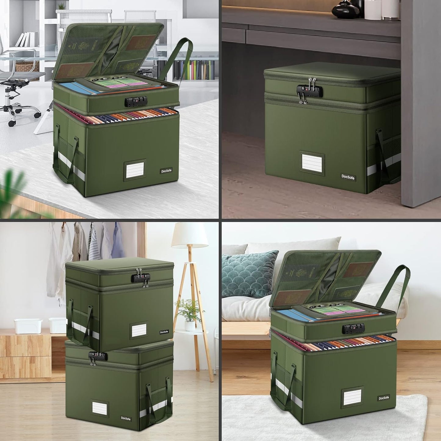 DocSafe File Box with Lock,Multi-Layer Fireproof Document Box Collapsible File Storage Organizer with Pockets/Handle,Large Portable Home Office Filing Safe for Hanging Letter/Legal Size Folders,Black