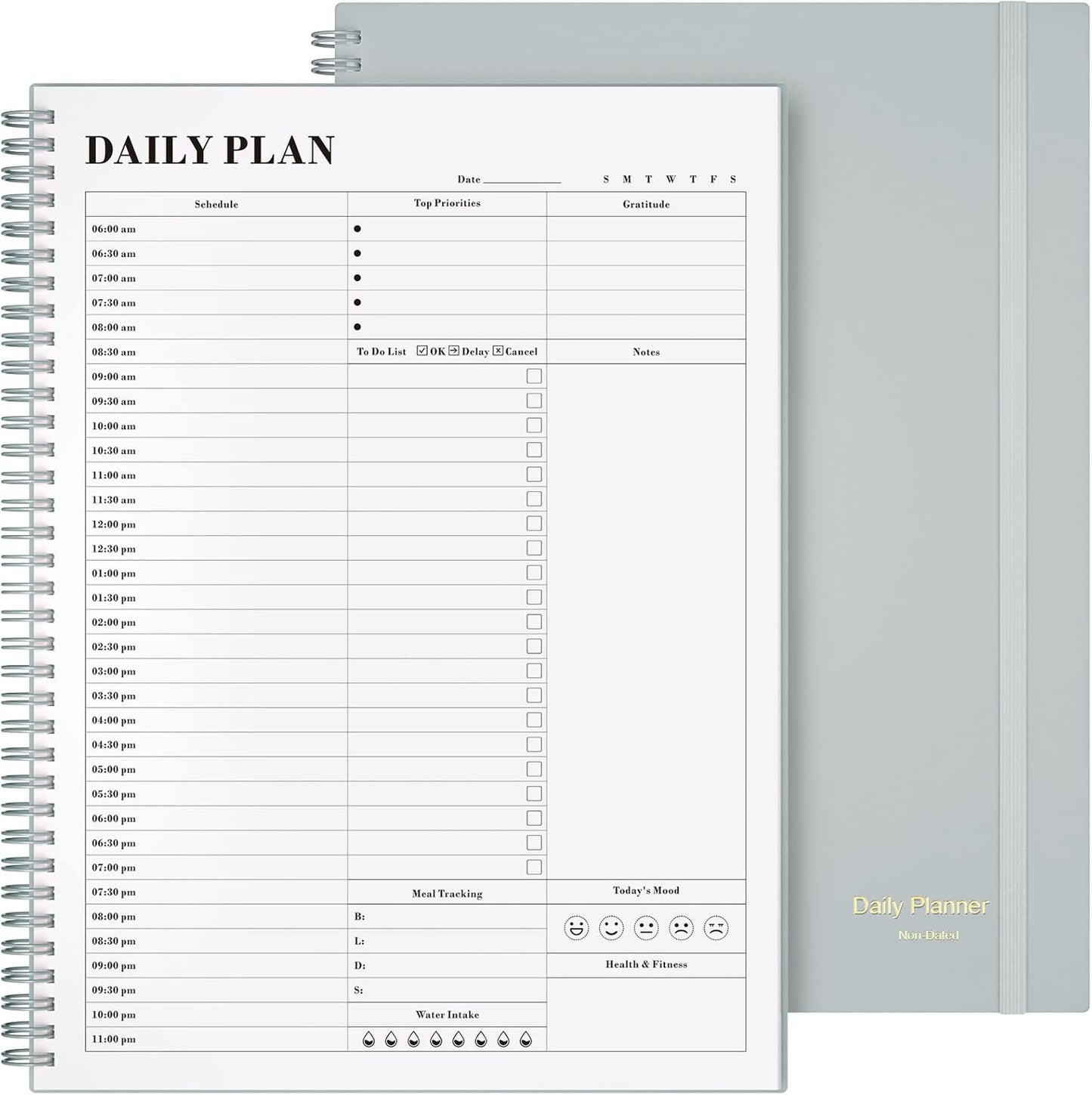 Daily Planner Undated, Asten To Do List Notebook Hourly Schedules Spiral Appointment Planner for Men and Women,PVC Hardcover,Elastic Closure, Inner Pocket 8.3" x 5.8" (Black)