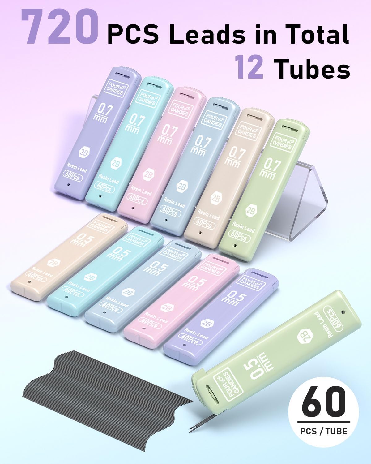 Four Candies 0.5/0.7mm 2B Lead Refills in Case, Pack of 720 PCS Black Break Resistant Mechanical Pencil Refills, 12 Tubes (6 of Each Size), 60 Pieces per Tube