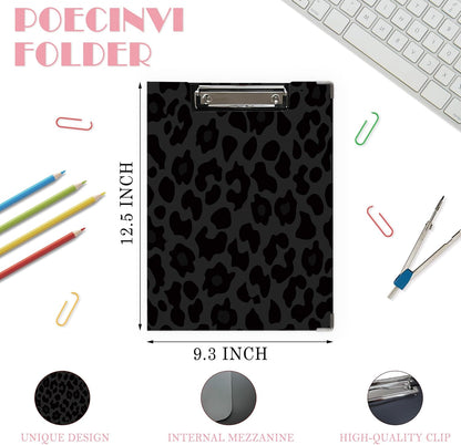Trendy Black Leopard Print Clipboard Folio with Storage for Office Classroom, Preppy Dark Cheetah Print Padfolio with Metal Clip for Nurses Teachers Students Women Men, 12.4x9.25 in