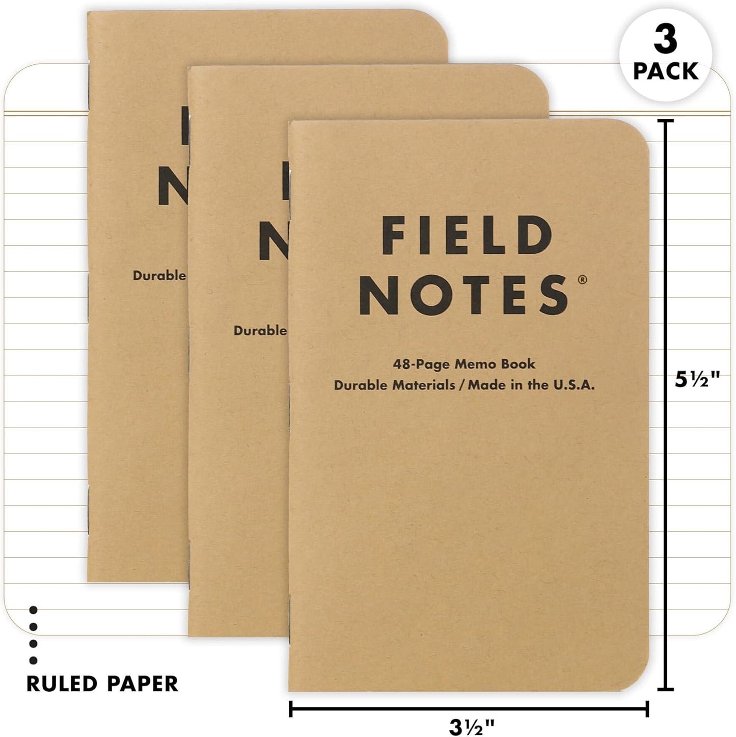 Field Notes: Original Kraft 3-Pack - Mixed Paper (1 Graph/Grid, 1 Ruled/Lined, 1 Plain/Blank) Memo Books - 48 Page Pocket Notebooks - 3.5" x 5.5"