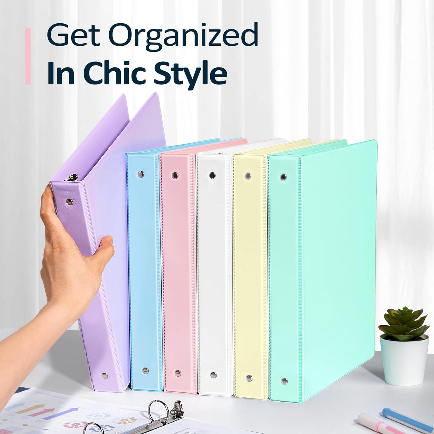 6 Pack Extra Durable 3 Ring Binders 1 inch, Sooez 1” Three Round Ring Binders with Pockets, Cute Customizable Clear View Cover for 8.5 x 11 Letter Size Papers, Pastels School Office Supplies for Girl