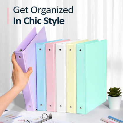 6 Pack Extra Durable 3 Ring Binders 1 inch, Sooez 1” Three Round Ring Binders with Pockets, Cute Customizable Clear View Cover for 8.5 x 11 Letter Size Papers, Pastels School Office Supplies for Girl