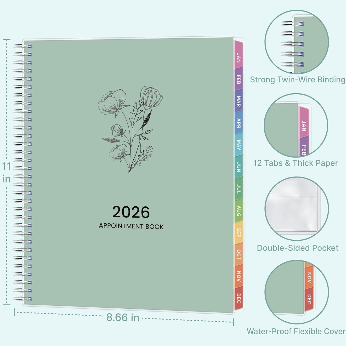 2026 Appointment Book, 30 Minutes-Hourly, Weekly ＆ Monthly Calendar Planner 2026, Jan 2026 - Dec 2026, 8.5'' x 11'', 2026 Daily Planner with Tabs ＆Pocket, Flexible Cover, Great for Office, Home, School