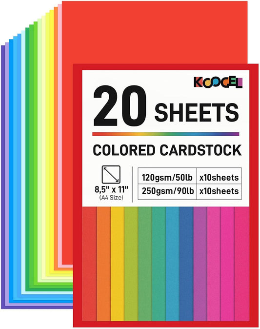 Koogel Colored Cardstock 8.5" X 11", 40 Sheets 120GSM and 10 Sheets 250GSM Construction Paper, Cardstock Printer Paper for Printing, Card Making, DIY Crafts, Kids School Supplies, Party, 20 Colors